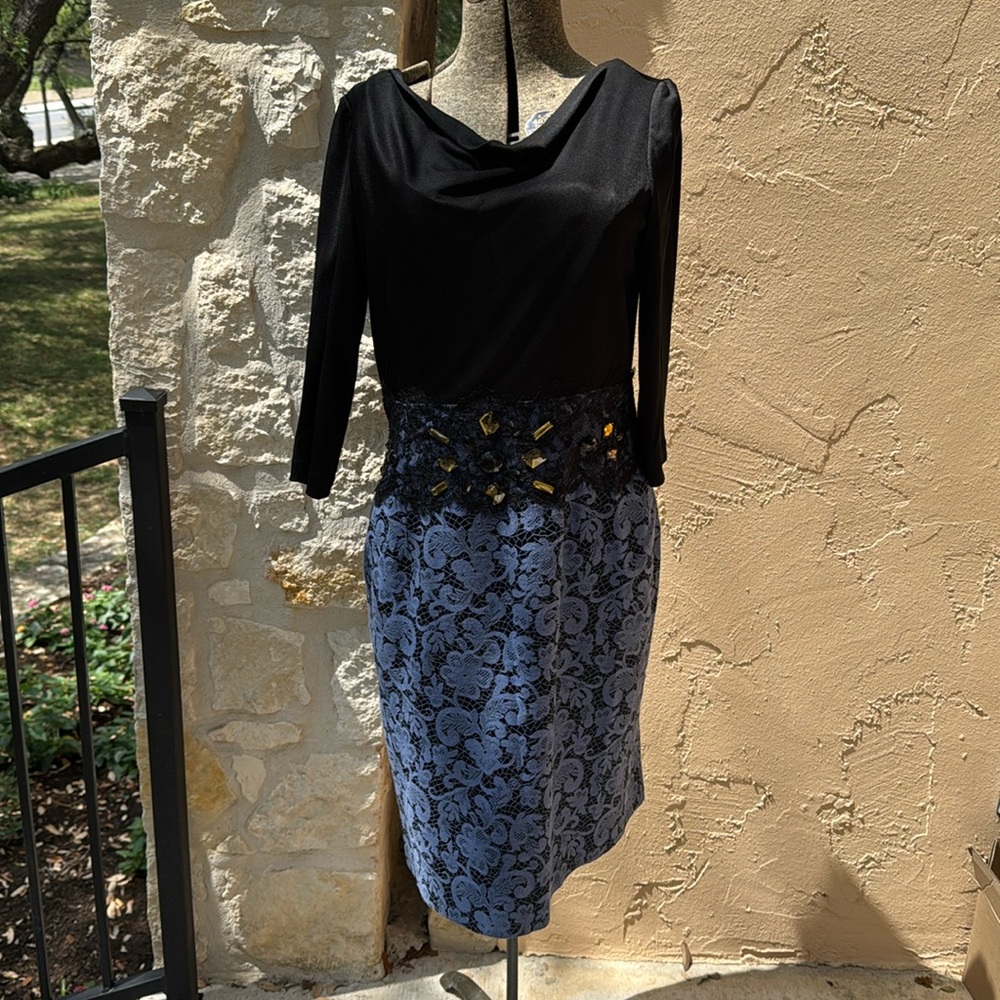 Kay Unger New York Dress Size 10 Solid Top, Black Lace w/Faux Blue Lace Skirt